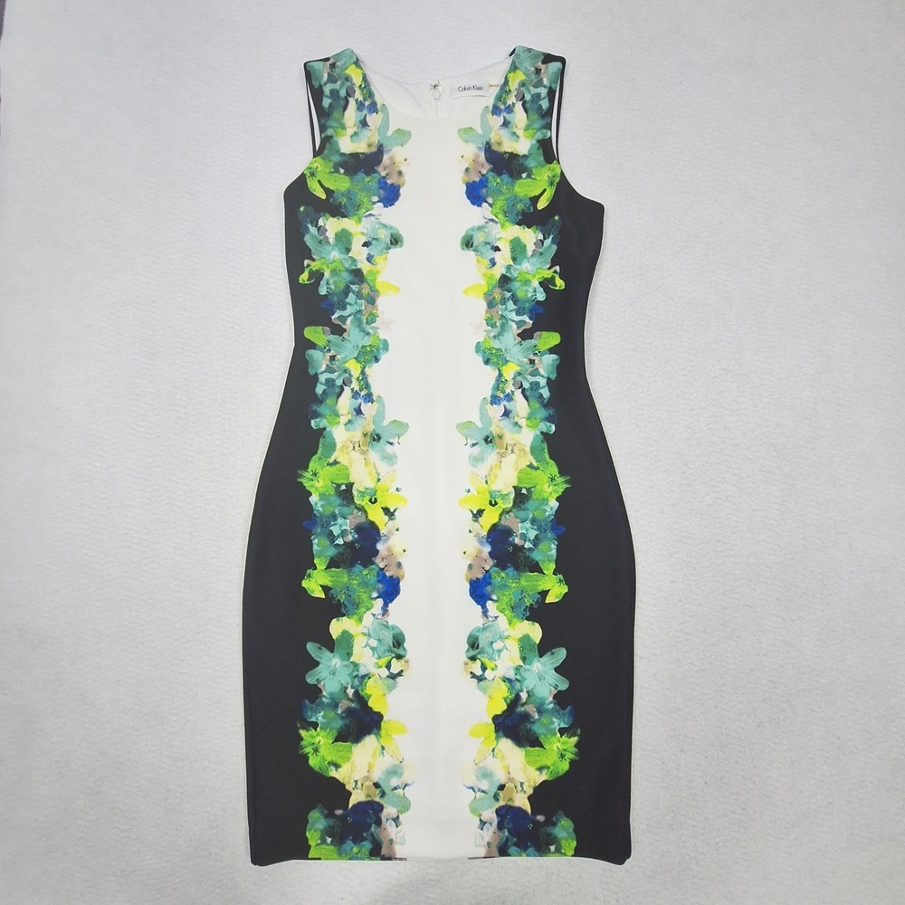 Calvin Klein Sheath Dress Womens Medium Black Floral Scuba Knit Sleeveless Zip